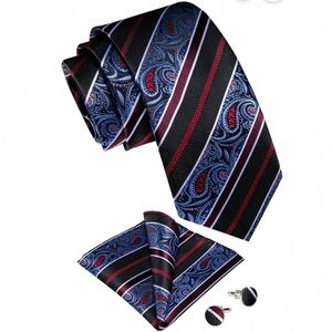 NWT Striped Paisley Silk Necktie Blue Red Black Pocket Square Cufflinks Set